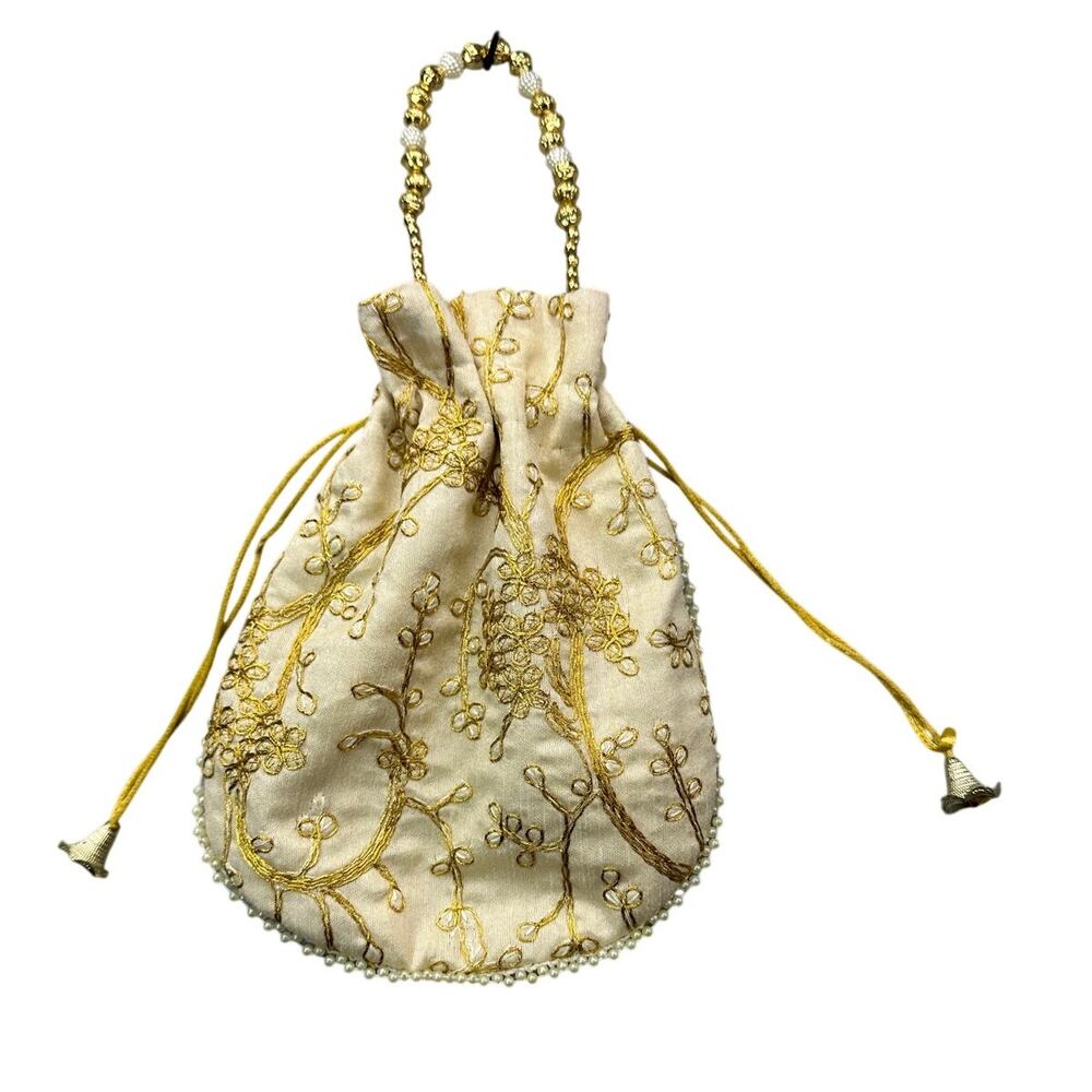 Ivory Zardosi Potli Bag Gold Pearl Embroidery Handcrafted Bridal Pouch Coquette